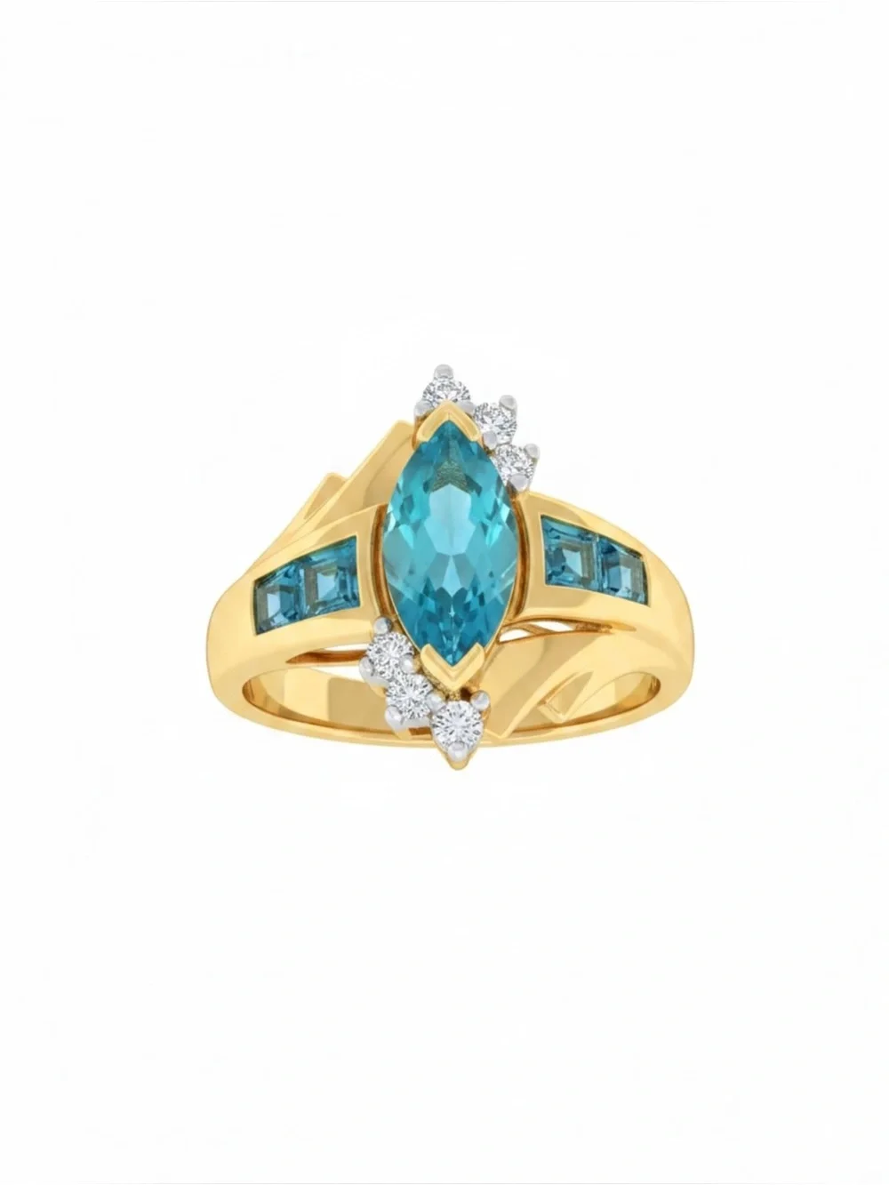 Gold 10K Ring with Marquise Blue Topaz Stone and Diamond Accents Ring Size 7
